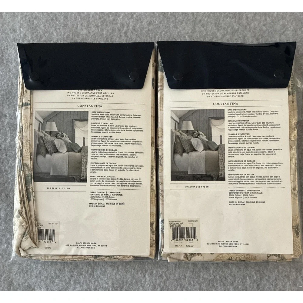 2 Ralph Lauren Cassandra Standard Pillow Shams Constantina Collection Cream NEW